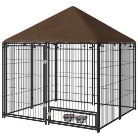 4.6' x 4.6' x 5' Outdoor Dog Kennel with Canopy, Rotating Bowls, Coffee