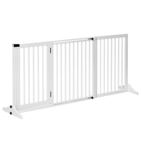 Freestanding Pet Gate Adjustable Wooden Dog Barrier 3 Panel Safety Fence w Lockable Door White 44.5-65.25x14.25x28