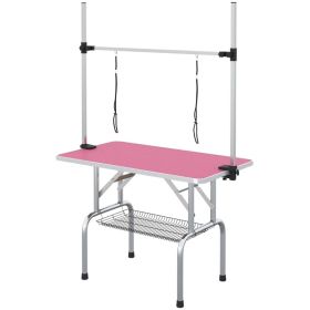 Adjustable Dog Grooming Table with 2 Safety Slings, Storage Basket, Pink