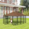 6.9'x6.9'x5' Outdoor Dog Kennel with Canopy, Coffee Garden Playpen Fence Crate Enclosure Cage, Rotating Bowl Secure Pet Play