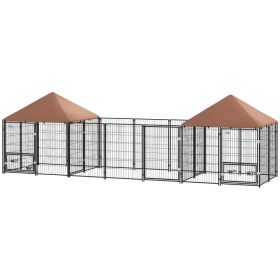 Outdoor Dog Kennel with 2 Rooms, Rotating & Adjustable Height Bowls, Waterproof UV-Resistant Cover, 16.2' x 4.7' x 5.1'